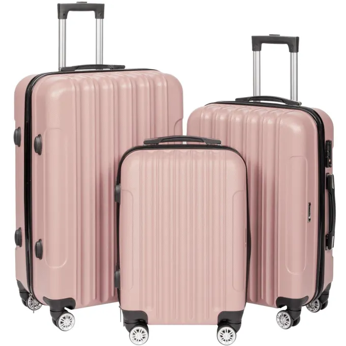 Silk & Salt Zimtown  3 Piece TSA Lock LuggaTravel Set Bags Trolley Hard Suitcase Shell w/ 4 Wheels Rose Gold^ Checked Luggage