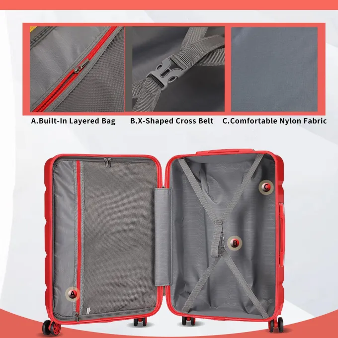 Silk & Salt imiomo LuggaSets Hardside 3PCS Suitcase with Swivel Wheel TSA Lock. (Red)^ Checked Luggage