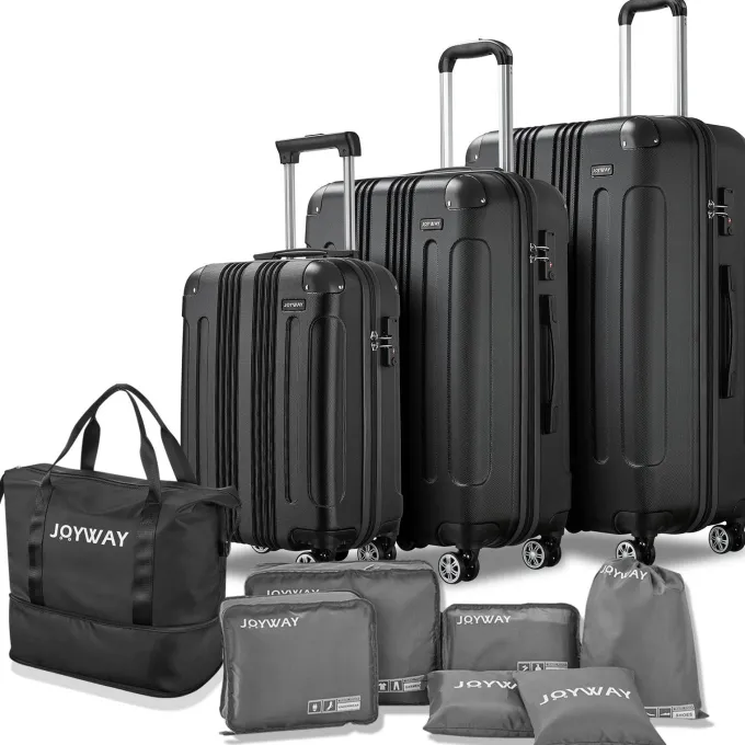 Silk & Salt Joyway LuggaSets Hardside 3PCS Suitcase with Swivel Wheel TSA Lock. (Black)^ Checked Luggage