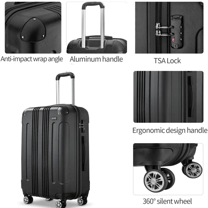 Silk & Salt Joyway LuggaSets Hardside 3PCS Suitcase with Swivel Wheel TSA Lock. (Black)^ Checked Luggage