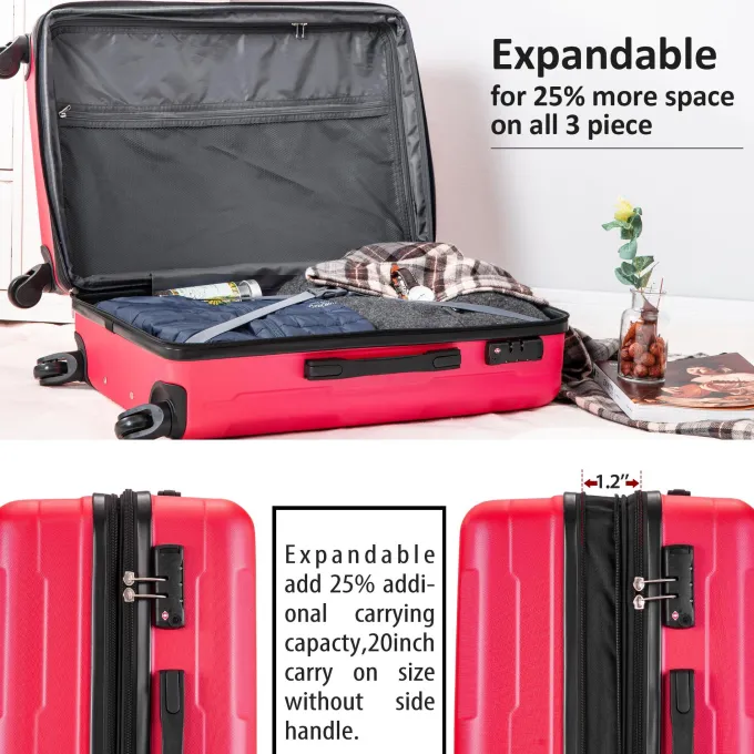 Silk & Salt 3 Piece Portable Suitcase Sets SEGMART Lightweight Hardshell Expandable Luggawith TSA Lock Heavyweight Carry on Suitcase Set: 20/ 24''/ 28 LarCapacity Storafor Traveling Red S6573^ Luggage Sets