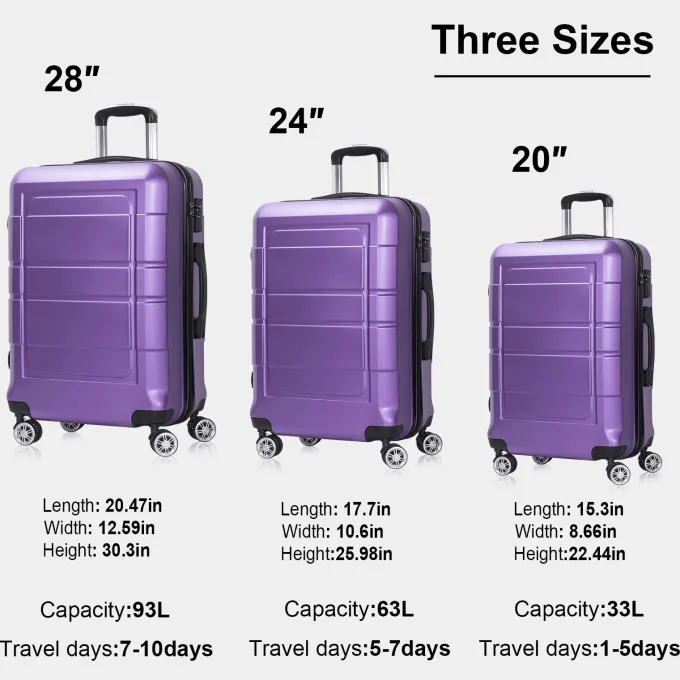 Silk & Salt Traveling Luggage 3pcs Hardside LuggaSet 20+24+28 with TSA Lock Purple^ Checked Luggage