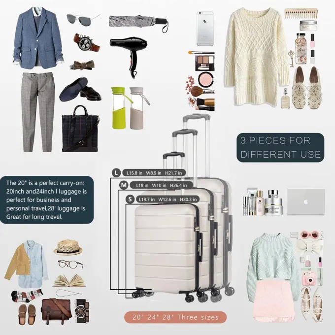 Silk & Salt SEGMART 3 Pieces Travel LuggaSet 20''/24''/28'' Lightweight Women Suitcase Travel Sets 3-in-1 Portable Trolley Case with Telescoping Handle Outdoor Hardside LuggaSet S9354^ Hard Side Luggage