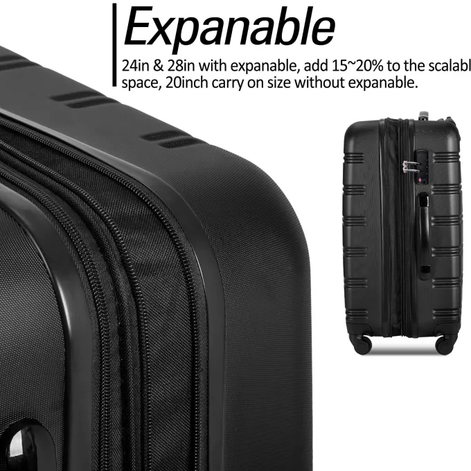 Silk & Salt Hardside Expandable Luggawith Spinner Wheels ampTSA LockLightweight Durable Travel Suitcase Carry On LuggaSetBlack3-Piece Set (20/24/28)^ Hard Side Luggage