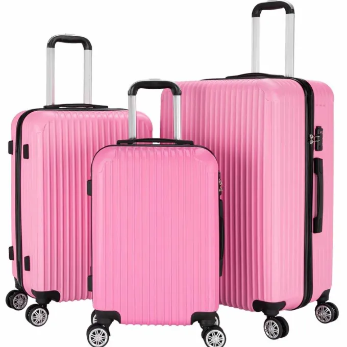 Silk & Salt VIK TECH 3PCS LuggaTravel Set Bags ABS Trolley Hard Shell Suitcase W/TSA lock With 4 Wheels Pink^ Hard Side Luggage
