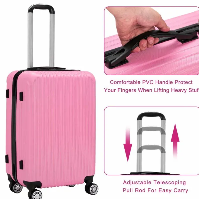 Silk & Salt VIK TECH 3PCS LuggaTravel Set Bags ABS Trolley Hard Shell Suitcase W/TSA lock With 4 Wheels Pink^ Hard Side Luggage