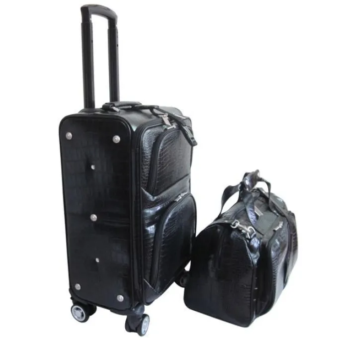 Silk & Salt Black Leather Croco-Print 2-Piece Carry-On Spinner LuggaSet^ Checked Luggage
