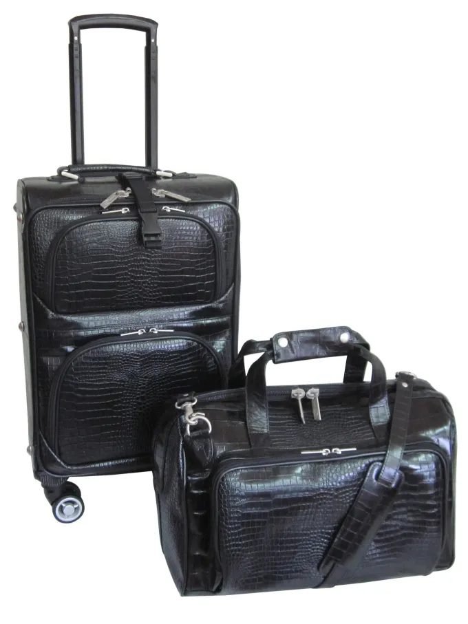Silk & Salt Black Leather Croco-Print 2-Piece Carry-On Spinner LuggaSet^ Checked Luggage