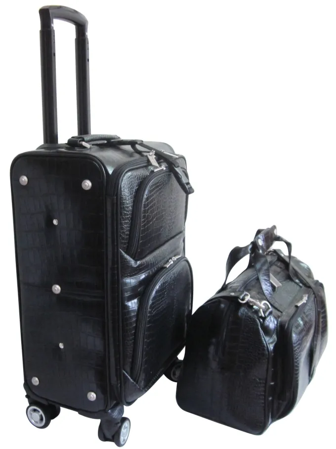 Silk & Salt Black Leather Croco-Print 2-Piece Carry-On Spinner LuggaSet^ Checked Luggage