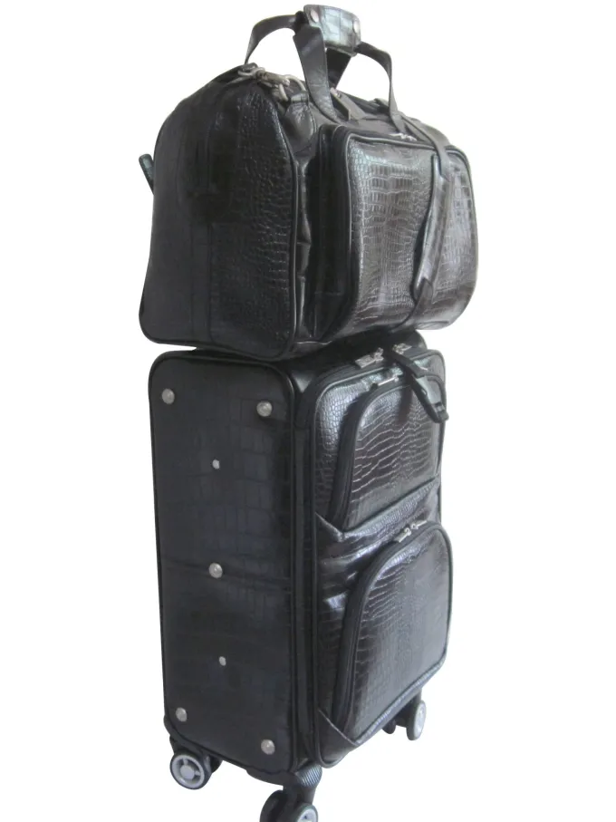 Silk & Salt Black Leather Croco-Print 2-Piece Carry-On Spinner LuggaSet^ Checked Luggage
