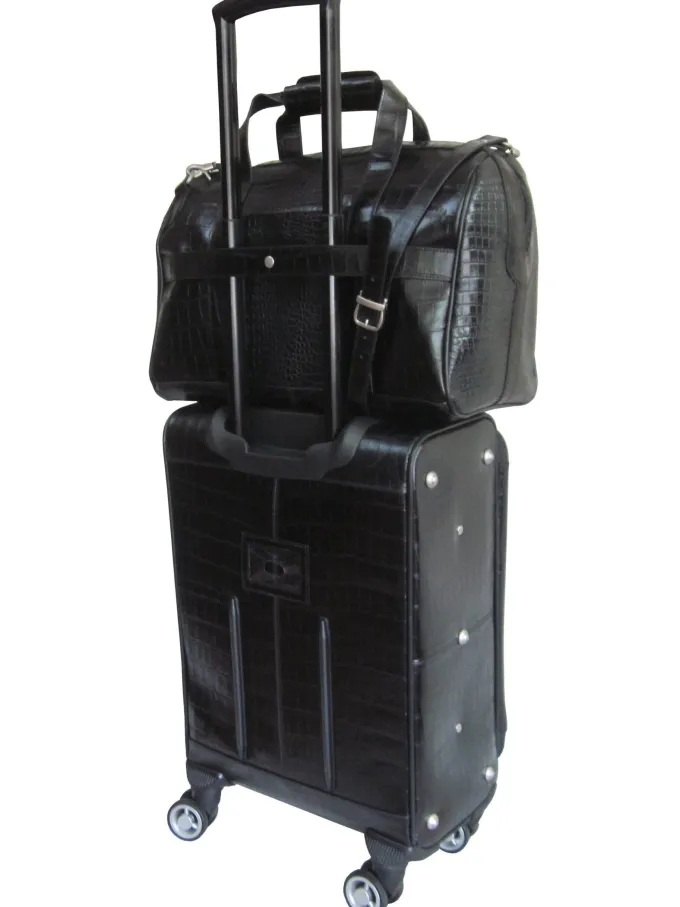 Silk & Salt Black Leather Croco-Print 2-Piece Carry-On Spinner LuggaSet^ Checked Luggage