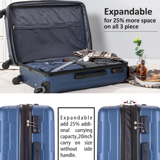 Silk & Salt Carry on Expandable Luggage SEGMART 3-Piece Lightweight Hardshell 4-Wheel Spinner LuggaSet: 20/ 24''/ 28 Carry-On Checked Suitcase Carry on Suitcase with TSA Lock for Traveling Blue S6625^ Luggage Sets