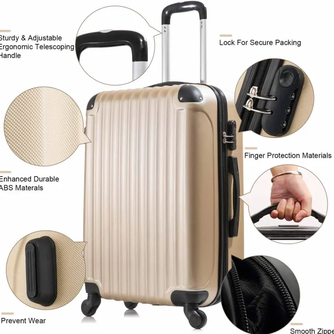 Silk & Salt 3 Piece LuggaSet Hardside Suitcase with Spinner Wheel ABS Travel Luggawith Coded Lock Case's for Travel 20 24 28 Champagne^ Checked Luggage