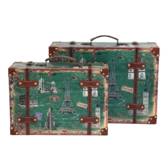 Silk & Salt Set of 2 European Landmarks  Wooden Luggawith Leather Straps and Handle^ Checked Luggage