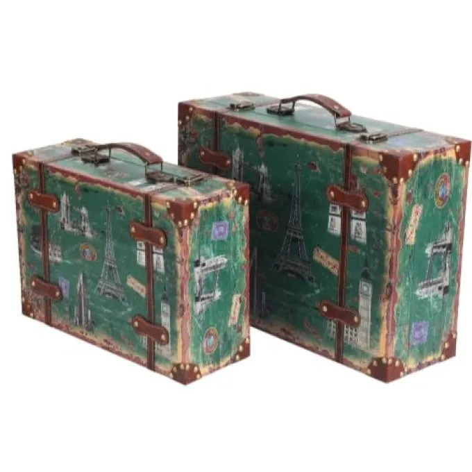 Silk & Salt Set of 2 European Landmarks Wooden Luggawith Leather Straps and Handle^ Checked Luggage
