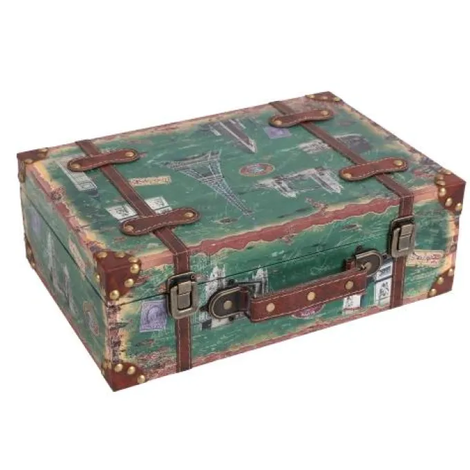 Silk & Salt Set of 2 European Landmarks Wooden Luggawith Leather Straps and Handle^ Checked Luggage