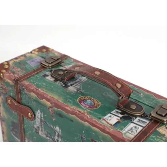 Silk & Salt Set of 2 European Landmarks Wooden Luggawith Leather Straps and Handle^ Checked Luggage