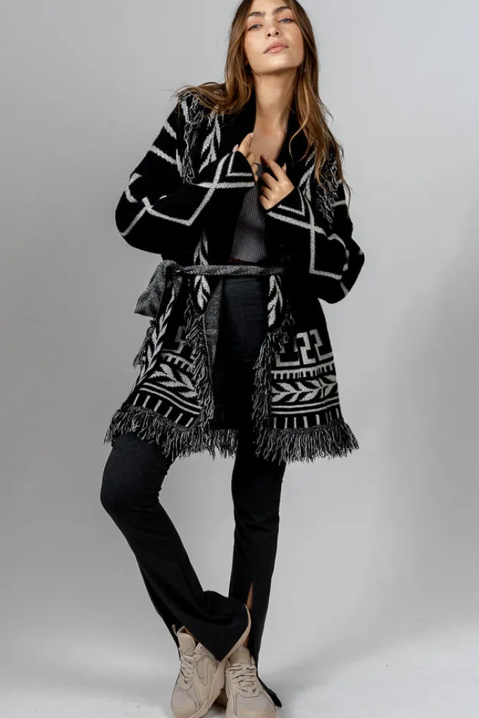 Silk & Salt oversized belted jacquard cardigan - black and white^ Coats & Jackets