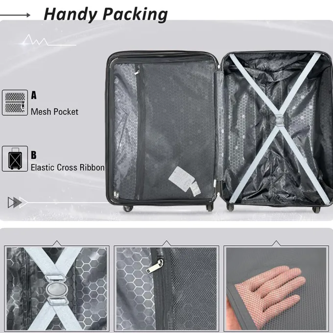 Silk & Salt uhomepro Gray 3 Pieces Travel LuggaSet TSA Lock ABS Trolley Carry On Suitcase Bag 20 24 28 with Spinner Wheels^ Luggage Sets