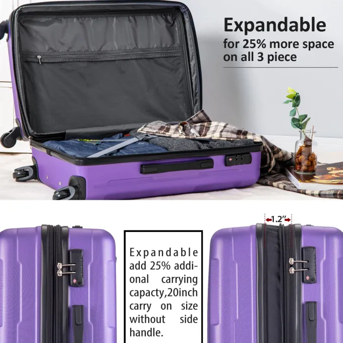 Silk & Salt 3 Piece Expandable LuggaSets on Sale SEGMART Carry on Suitcase w/ TSA Lock Lightweight Hardshell LuggaDual Spinner Wheels Set: 20in 24in 28in Heavyweight Suitcase for Traveling Purple S6587^ Carry On Luggage|Luggage Sets