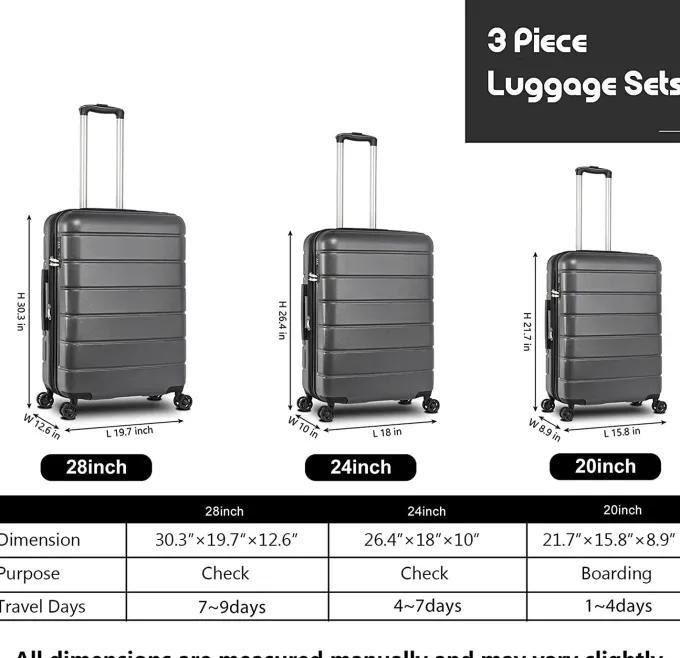 Silk & Salt 3pcs LuggaSet for Girls 20''/24''/28'' 3-in-1 Trolley Case Set with Spinner Wheels Portable Outdoor Hardside Carry on LuggaSet for Travel Plane Business Trips Back to School S9353^ Hard Side Luggage