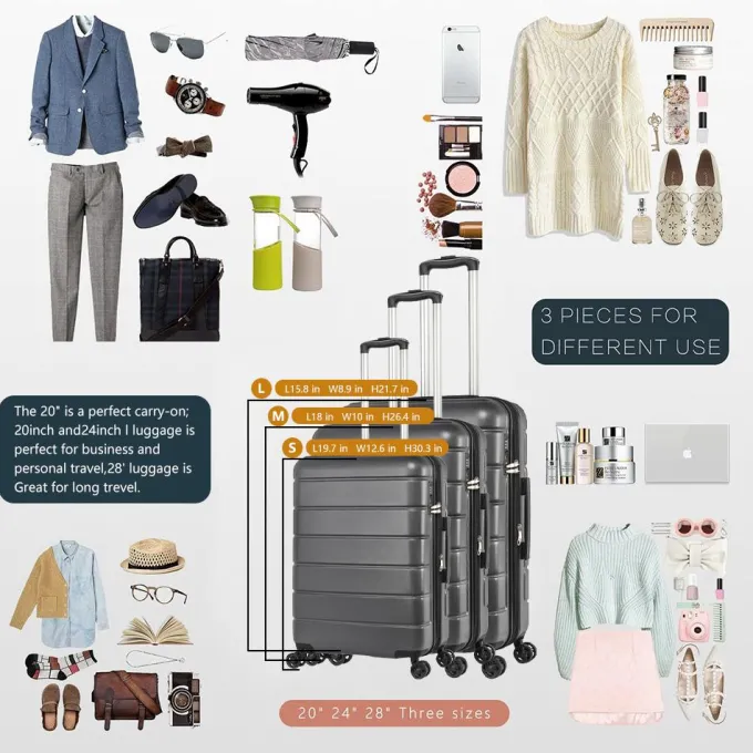 Silk & Salt 3pcs LuggaSet for Girls 20''/24''/28'' 3-in-1 Trolley Case Set with Spinner Wheels Portable Outdoor Hardside Carry on LuggaSet for Travel Plane Business Trips Back to School S9353^ Hard Side Luggage