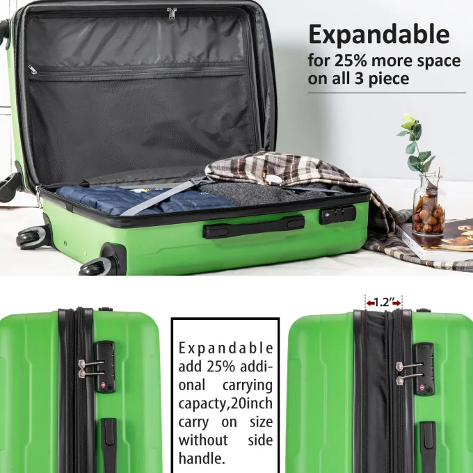 Silk & Salt LuggaExpandable Suitcase 3 Piece Set with TSA Lock Spinner 20in24in28in (Green)^ Hard Side Luggage
