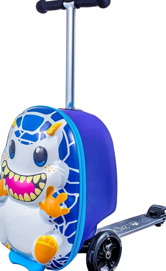 Silk & Salt Kiddietotes 3-D Hardside Scooter Ride On Suitcase for Kids - Cute Lightweight Kids Luggawith Wheels - Fun LED Lights - Yeti Monster^ Checked Luggage