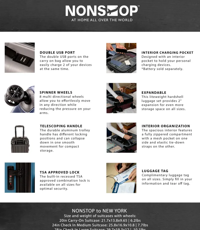 Silk & Salt NONSTOP YORK LuggaExpandable Spinner Wheels hard side shell Travel Suitcase Set 3 Piece Lightweight TSA Lock Double USB Port + 2 paccubes^ Carry On Luggage